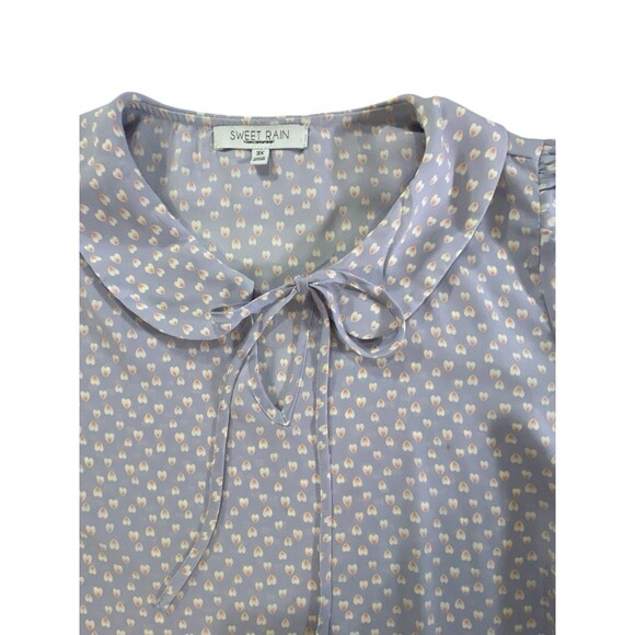 Sweet Rain Womens 3X Lilac Top Pink/White Heart Print Short Sleeve Tie Collar - Picture 2 of 9